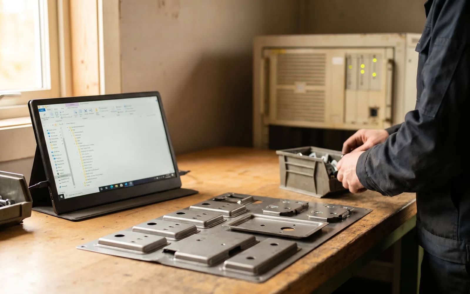 Stamped parts beside an unchanged folder structure on screen – CAD data cloud migration