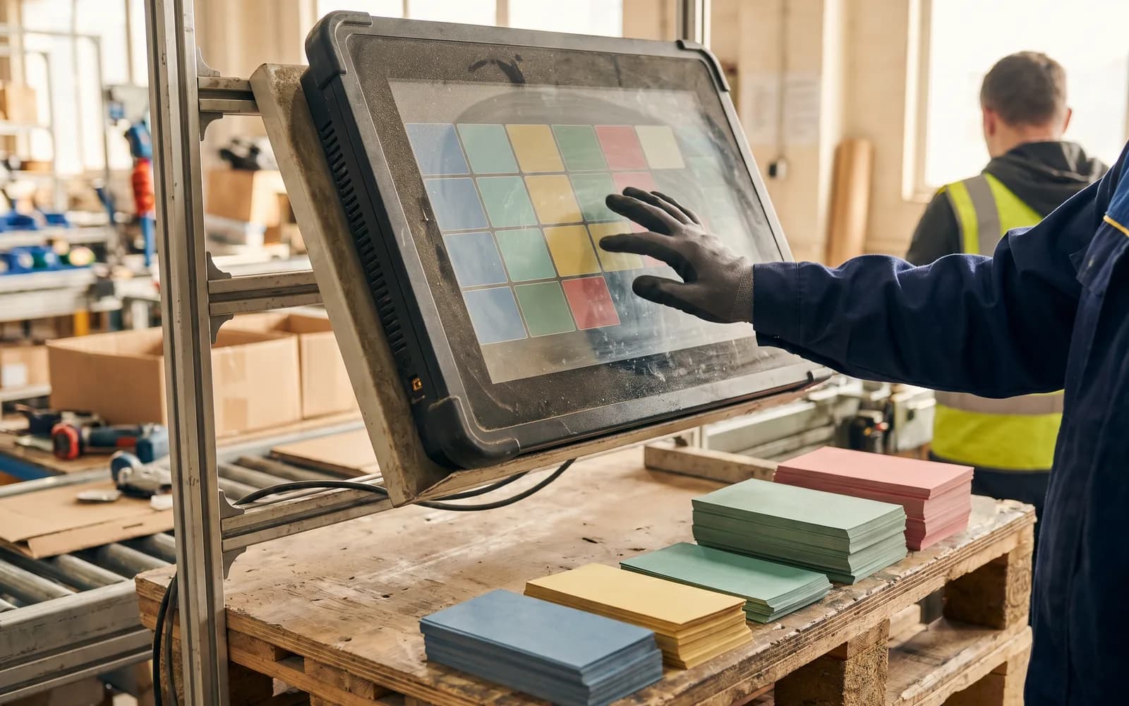 Large touch monitor with colour-coded cards on the assembly line – digital card board