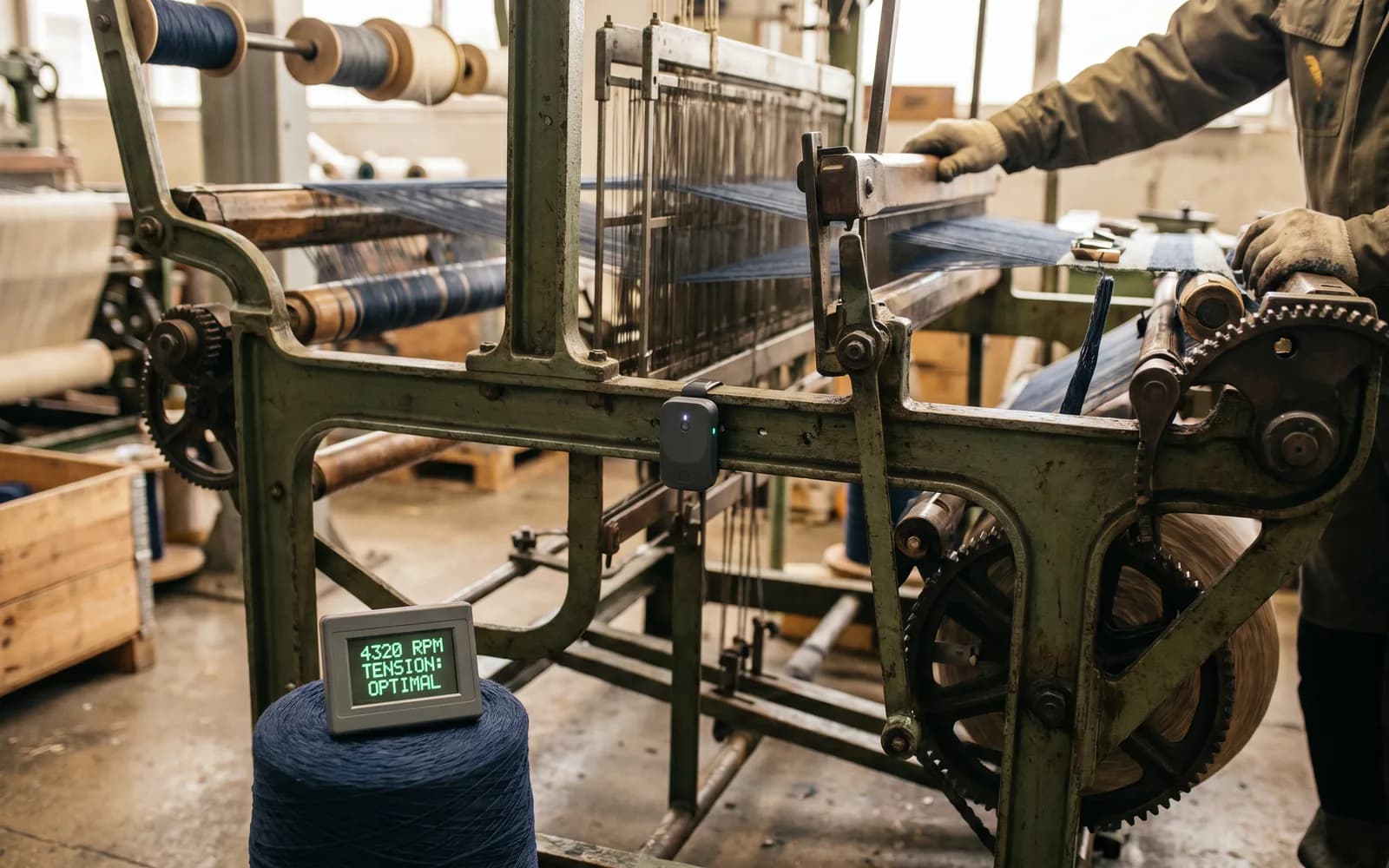 Old loom with a retrofitted sensor – IoT retrofit without replacing machines