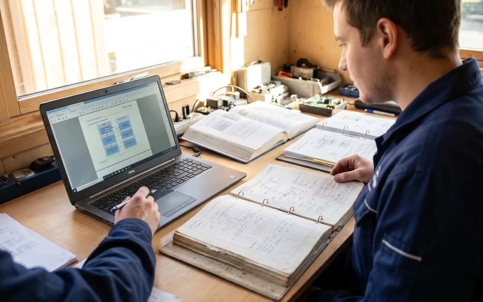 Technical documents and a flagged original page on screen – AI document assistant