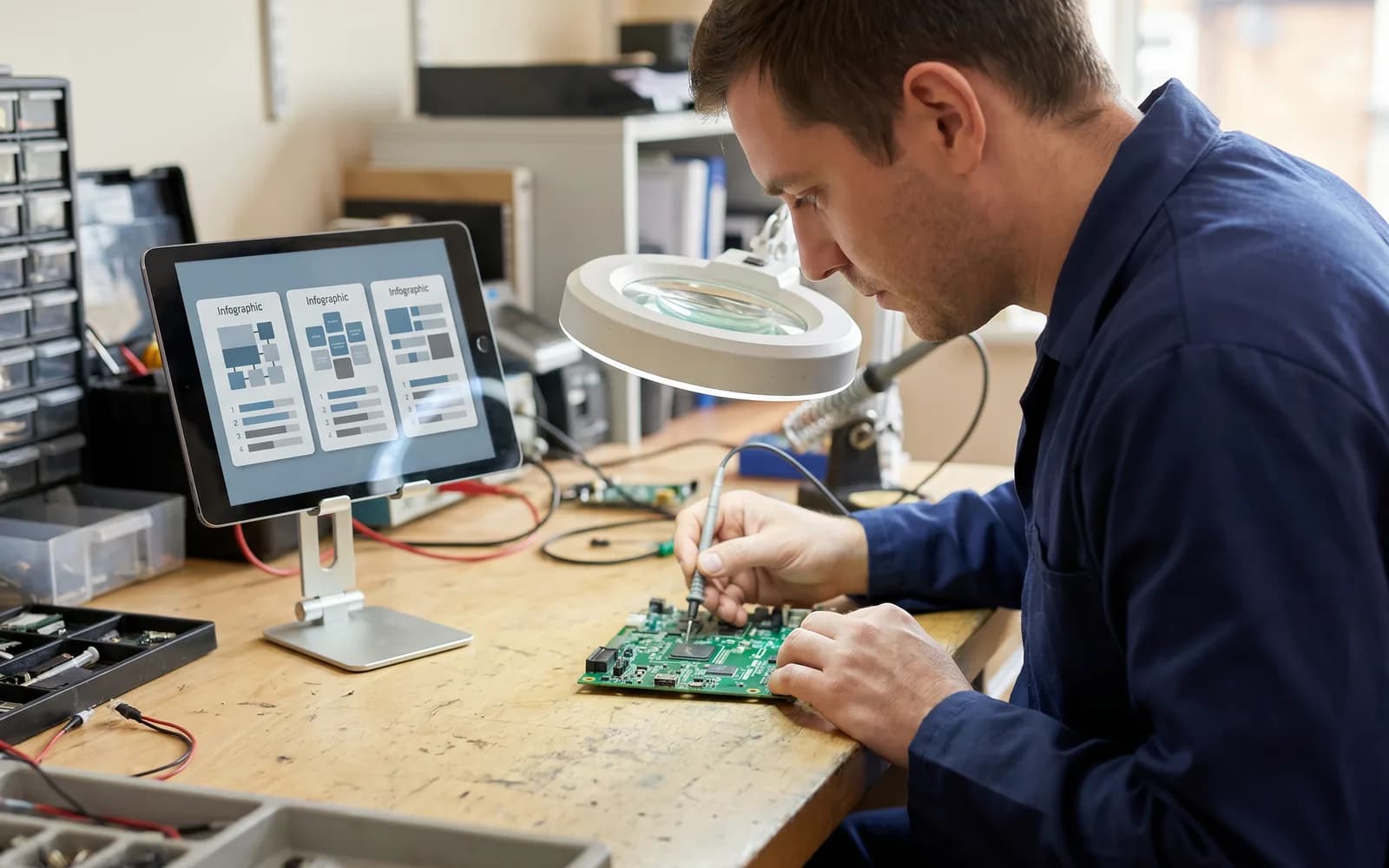 Circuit board at the test bench, three fault causes on screen – AI fault analysis