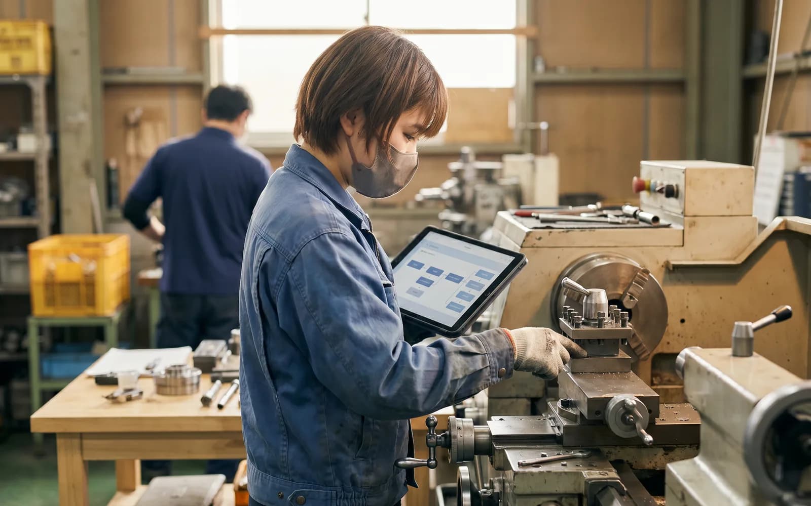 Apprentice at the machine-tool workstation with instructions – AI onboarding