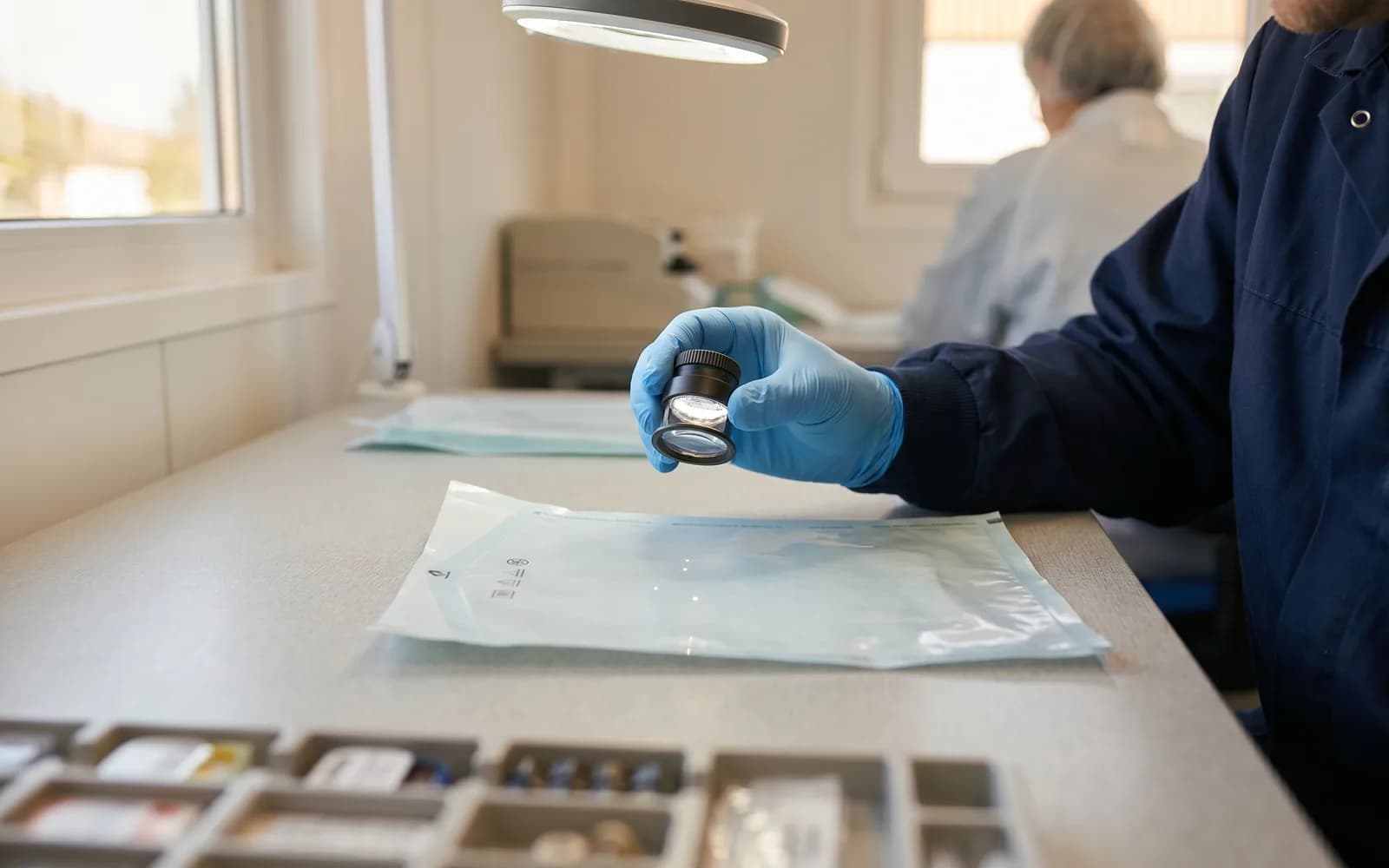 Sterile packaging under inspection light with flagged defects – AI quality control