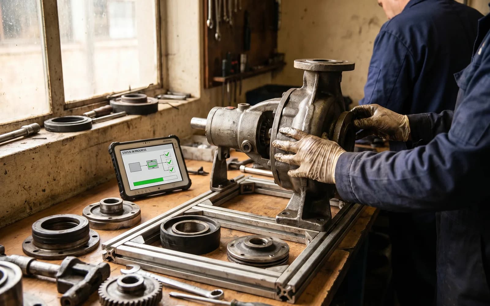 Pump under workshop repair with a status screen – customer portal