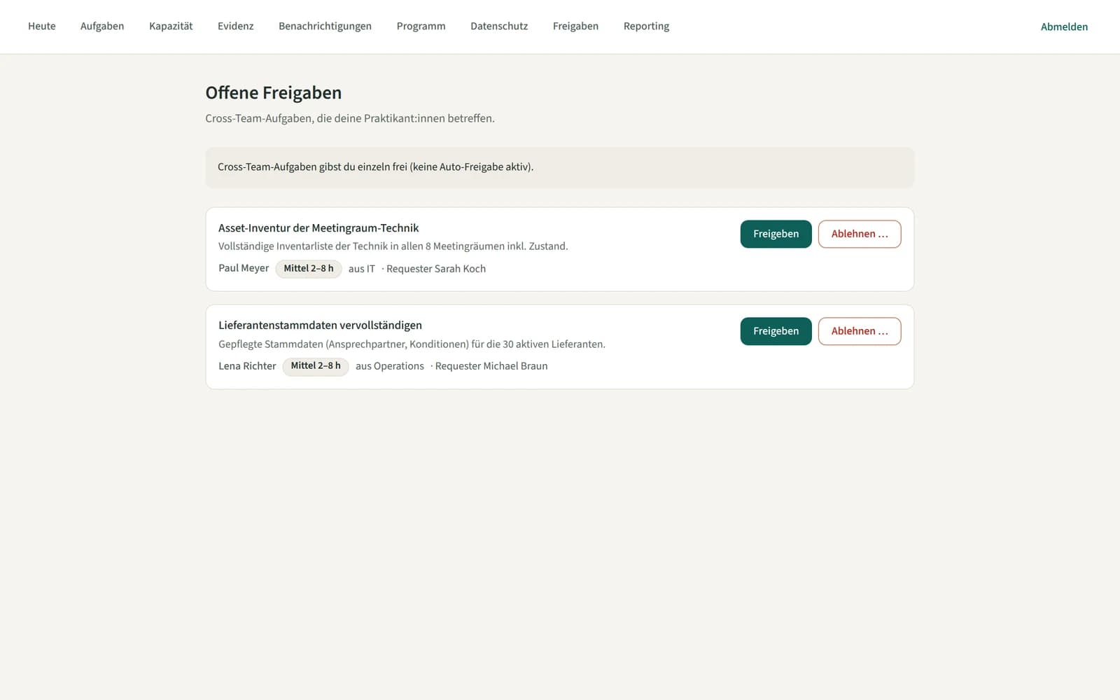 Prakti approvals queue on desktop: open cross-team requests with one-click decisions