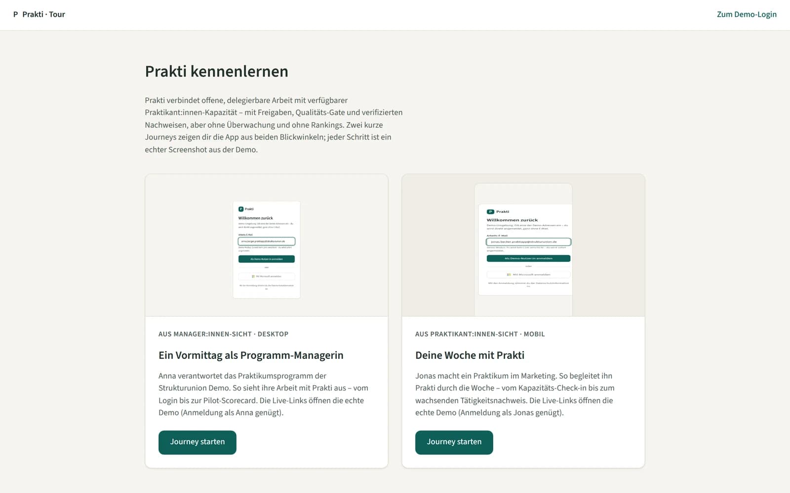 Start page of the Prakti product tour with two guided journeys – programme management and intern