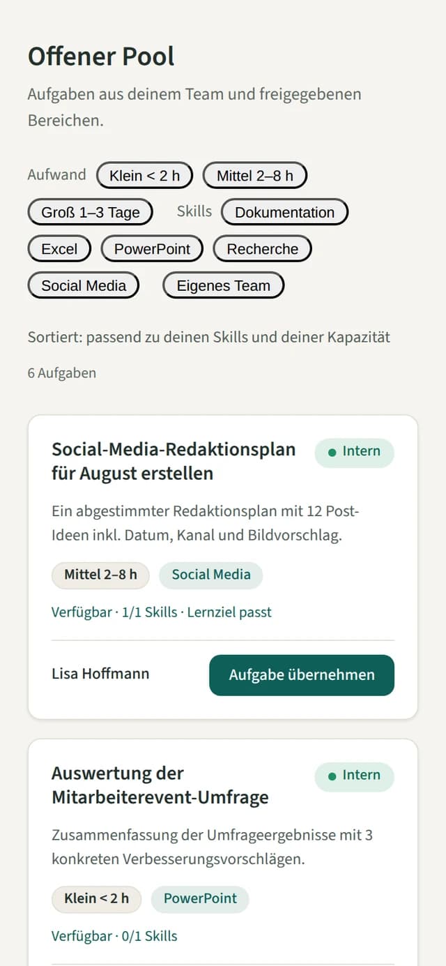 Open task pool in the mobile Prakti view with transparent sorting