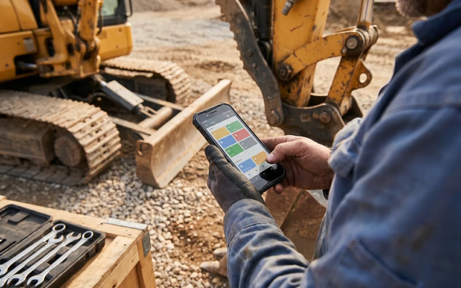 Technician logs maintenance data on the machine with a short note – field-service data capture