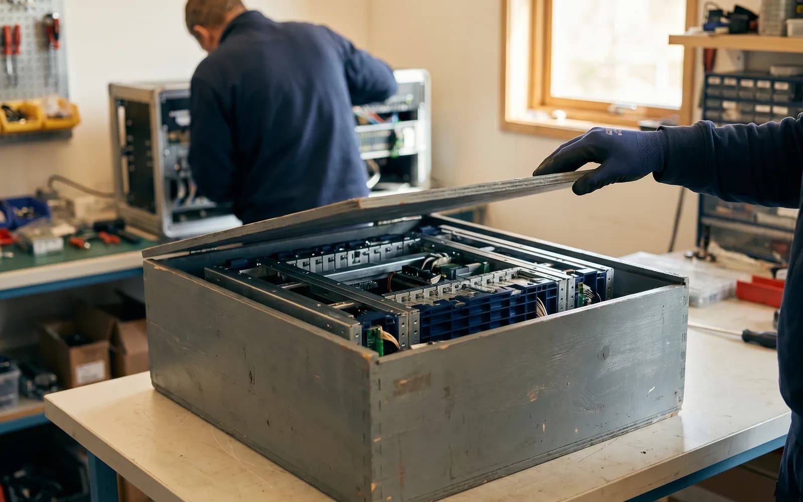 A closed black box being opened, an orderly interior — explainable automation