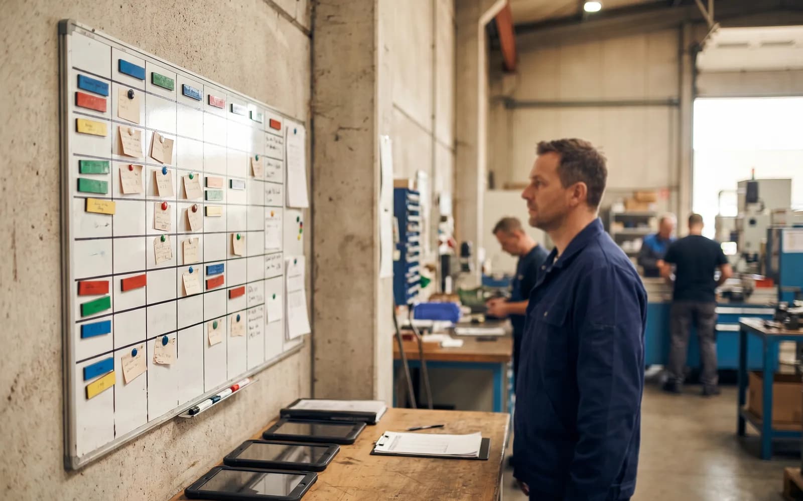 A magnetic planning board on the hall wall, tablets set aside – visibility on the shop floor