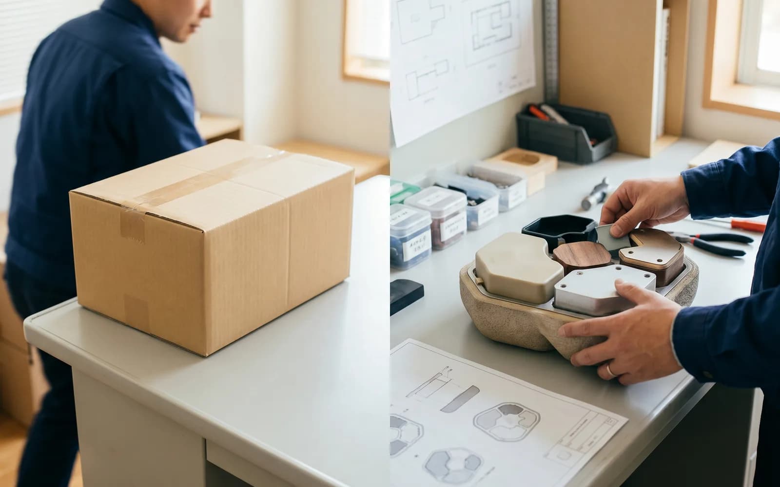 An off-the-shelf box beside custom-made parts – off-the-shelf or custom-built